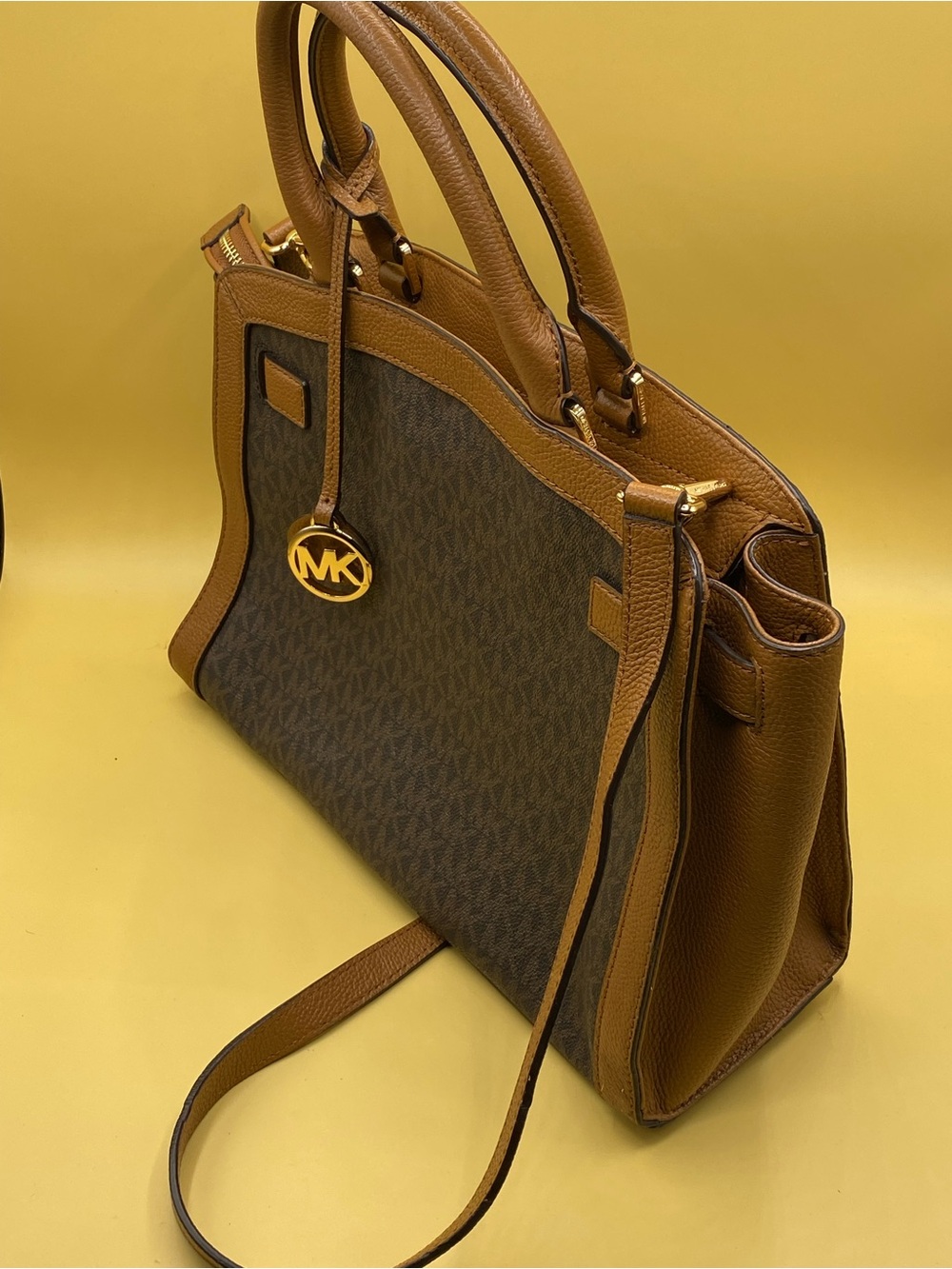 Michael Kors Brown Monogram and Leather Satchel with Gold Hardware - Picture 3 of 4